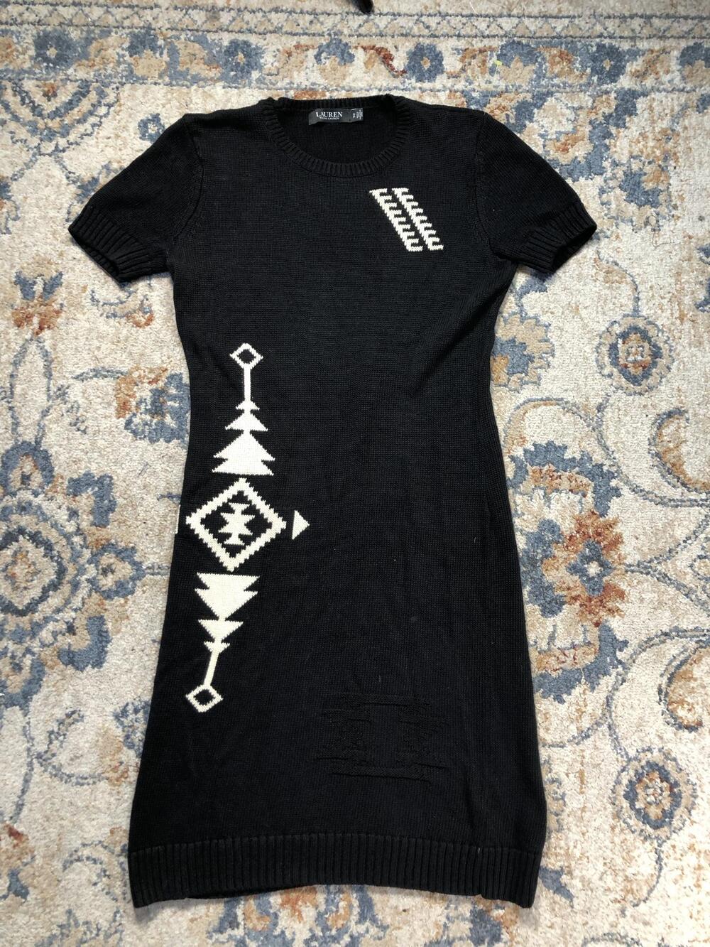 Lauren Ralph Lauren Sweater Dress Womens Small Black Tribal Knit Short Sleeve